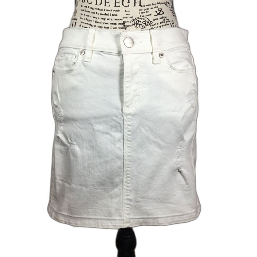 Cotton blend bright white distressed mini denim skirt waist 28" sz 24/00